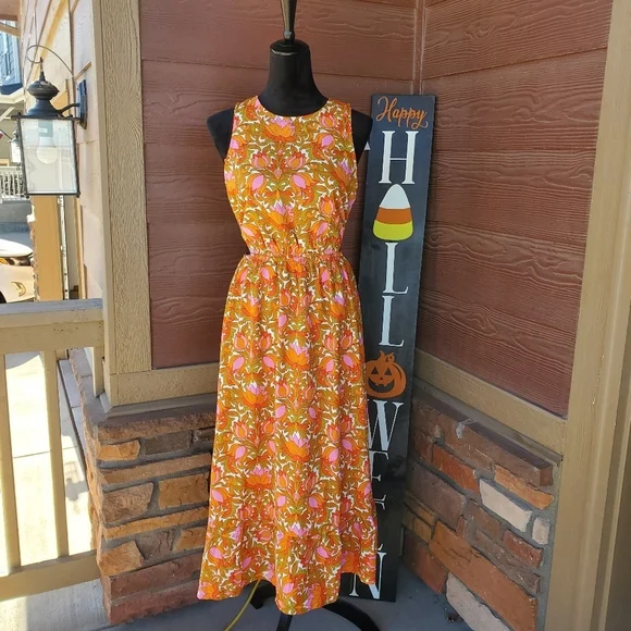 NWT Willow Root Floral Orange Midi Cutout Dress Size Large 9/10 - Picture 15 of 16